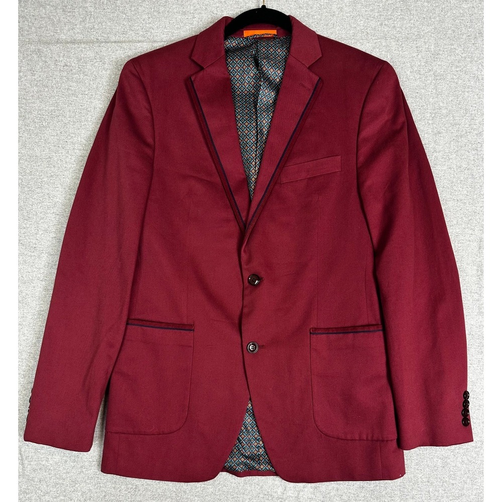 TALLIA Sport Coat Mens 38L Burgundy Slim Fit Piped Trim Blazer Cotton